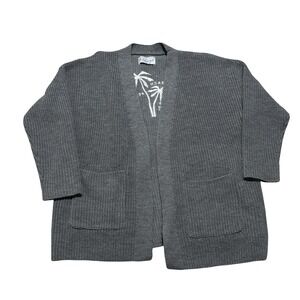 The Beach People Cardigan Sweater Cover Up Women's Sz M/L Gray Embroidered Palms